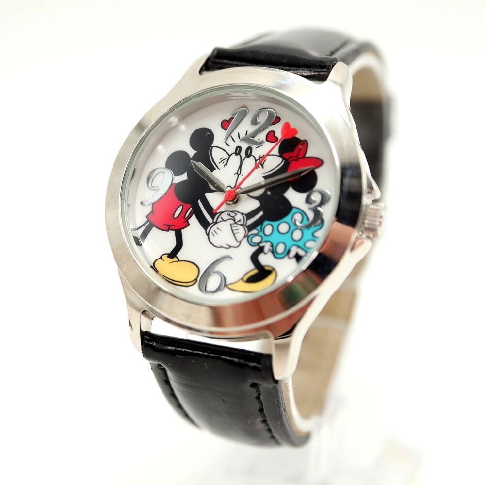 Disney Mickey & Minnie Love Womens 35mm Watch Black Faux Leather w New Battery